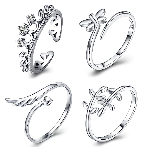4PCS S925 Silver Rings for Women Finger Rings Knuckle Rings Toe Rings for Women Adjustable