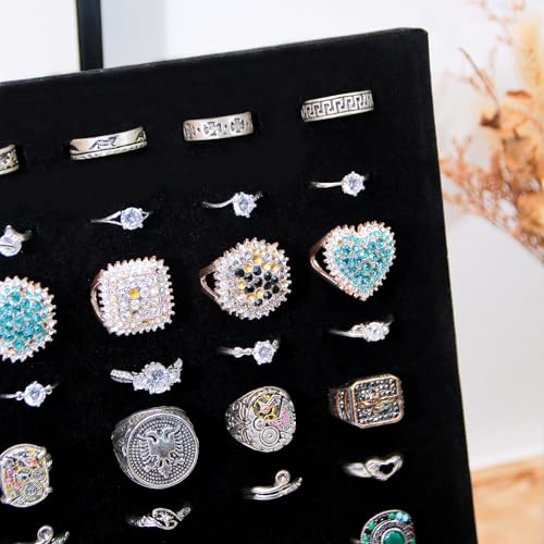 Ring Display Stand, Velvet Ring Holder, 50 Slots Rings Organizer Jewelry Display Tray, L-Shaped Jewelry Organizer Stand for Rings Earrings Selling (1, Black) - color: Black