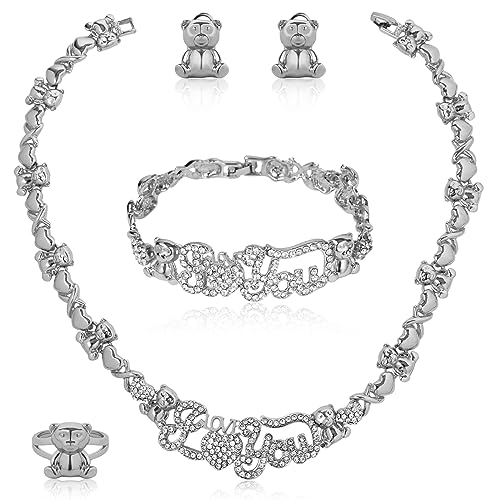 African Necklace Set Hugs and Kisses Gold Jewelry Sets For Women 18k Gold/Silver Filled LOVE Necklaces Jewelry Sets Wedding Jewelry Necklace Earrings Bracelet Ring Gifts - color: Silver