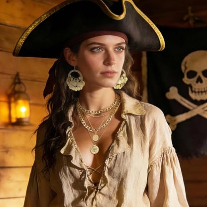 2 Pcs Layered Golden Pirate Necklace Earrings for Women Chunky Chain Layered Necklace Boho Gypsy Hoop Earrings Punk Grunge 80s 90s Coin Pendant Jewelry Halloween Pirate Costume Accessories - color: Polish Golden B