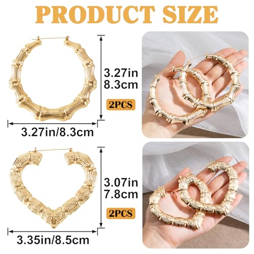 PAGOW 2 Pairs Large Bamboo Earrings, 14K Gold Plated Hoop Bamboo Earrings | Heart-Shaped Hoop Y2K Earrings, Hypoallergenic 80s 90s Shiny Hip Hop Earring Hoops for Women Jewelry Party - 2 Styles - color: gold,2 styles