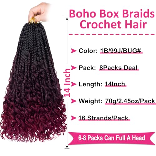 Unionbeauty 14 Inch Boho Box Braids Crochet Hair Goddess Box Braids Crochet Hair with Curly Ends 8 Packs Bohemian Box Braids Crochet Hair for Black Woman Synthetic Braiding Hair Extension 1B/99J/BUG# - color: 1B/99J/BUG#, size: 14 Inch (Pack of 8)