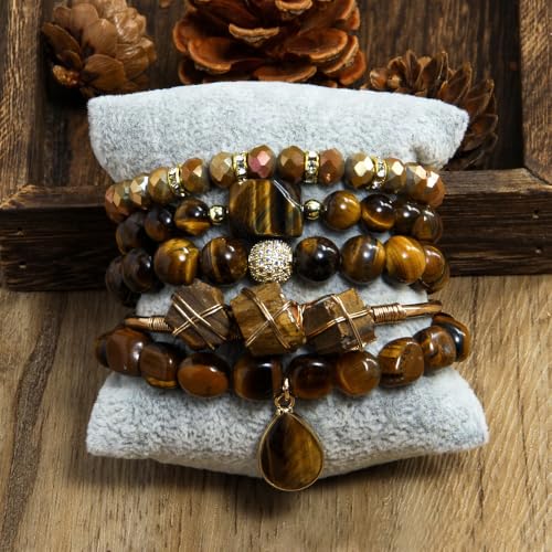 Yomisa Boho Beaded Bracelets/Bangle for Women,Multilayer 5/6/7PCS Healing Natural Handmade Stone Bead Bracelets Stackable Stretch Friendship Beaded Bracelet Set Trendy Western Bohemian Jewelry Gift - color: 5pcs-Tiger eye