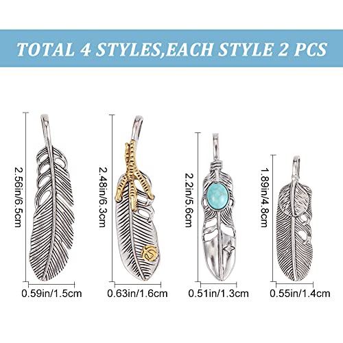 GORGECRAFT 1 Box 8PCS Silver Golden Alloy Big Feather Turquoise Pendant Stainless Steel Silver Feather Charms Necklace Feather Dangle Antique Charms for DIY Key Chain Jewelry Making Findings - style: 8PCS 4 Styles