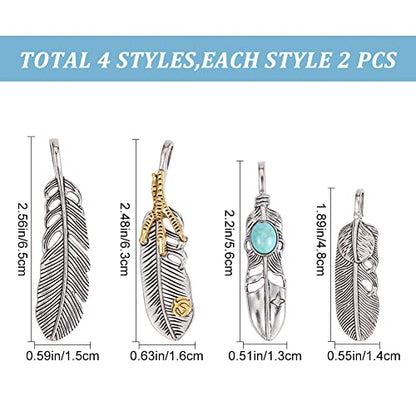GORGECRAFT 1 Box 8PCS Silver Golden Alloy Big Feather Turquoise Pendant Stainless Steel Silver Feather Charms Necklace Feather Dangle Antique Charms for DIY Key Chain Jewelry Making Findings - style: 8PCS 4 Styles
