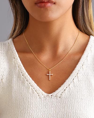 Cross Necklace for Women, 14K Gold Plated Cubic Zirconia Cross Pendant Necklace, Trendy Christian Jewelry Gifts for Baptism First Communion Christmas - color: Style C - Gold