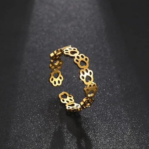 Fashionable and Cute Hollow Cat Claw Footprint Stainless Steel Open Ring Female Creative Couple Ring Animal Jewelry - color: golden