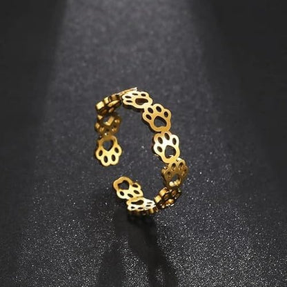 Fashionable and Cute Hollow Cat Claw Footprint Stainless Steel Open Ring Female Creative Couple Ring Animal Jewelry - color: golden