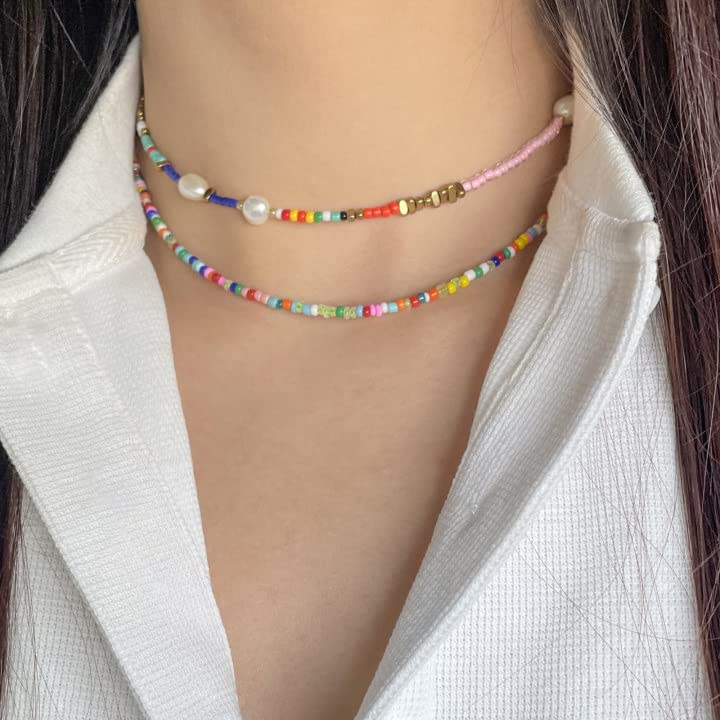 Wellike Freshwater Pearl Beaded Necklace for Women Handmade Boho Colorful Glass Beads Choker Necklace Stainless Steel 18K Gold Plated Bohemian Women Summer Jewelry Gifts - color: KKWX0521AMZ