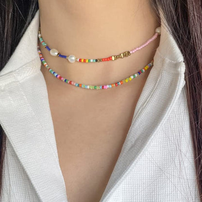 Wellike Freshwater Pearl Beaded Necklace for Women Handmade Boho Colorful Glass Beads Choker Necklace Stainless Steel 18K Gold Plated Bohemian Women Summer Jewelry Gifts - color: KKWX0521AMZ