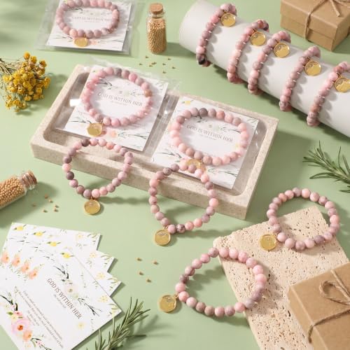 12 Set Religious Gift for Her God Is Within Her She Will Not Fall Mustard Seed Natural Stone Beads Bracelet with Cards Bible Verse Bracelet Gift for Women Sister