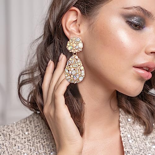 EVER FAITH Glamour Rhinestone Statement Clip-on Earrings, Fashion Chic Art Deco Sparkly Marquise Water Drop Crystal Dangle Earrings for Women - color: Iridescent AB Gold-Tone