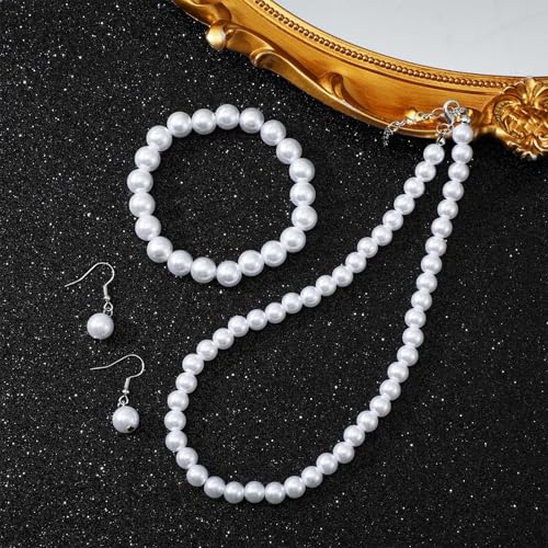 12 Pcs White Pearls Necklace Set 8mm Faux Pearl Necklace and Earring Set for Women Imitation Pearls Necklaces Dangle Earrings Bracelets Costume Jewelry Sets for Wedding Bridal Shower Birthday Gifts