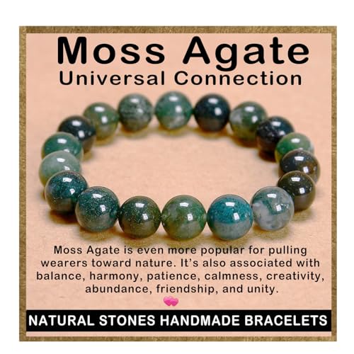 AD Beads Handmade Gemstone Stretch Elastic Bracelet Crystal Healing Reiki Nature's Beauty and Spiritual Essence Unisex (10mm, Moss Agate (Universal Connection)) - color: Moss Agate (Universal Connection), size: 10mm