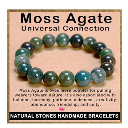 AD Beads Handmade Gemstone Stretch Elastic Bracelet Crystal Healing Reiki Nature's Beauty and Spiritual Essence Unisex (10mm, Moss Agate (Universal Connection)) - color: Moss Agate (Universal Connection), size: 10mm