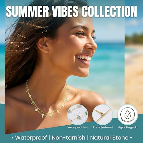 Harlermoon Natural Stone Layered Necklace for Women - 18K Gold Plated Stainless Steel Dainty Beaded Choker, Waterproof Tarnish Resistant Boho Summer Beach Jewelry Gift Box - color: Green