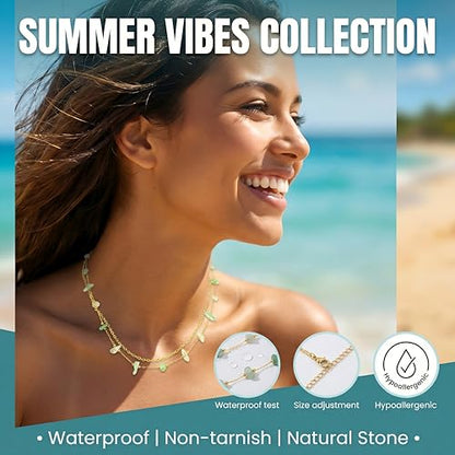 Harlermoon Natural Stone Layered Necklace for Women - 18K Gold Plated Stainless Steel Dainty Beaded Choker, Waterproof Tarnish Resistant Boho Summer Beach Jewelry Gift Box - color: Green