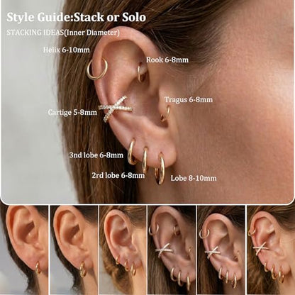 14G Huggie Hoop Earrings 6/8/10mm cross-band ear cuffs non piercing | Small 14K Plated gold Hoop Earrings for Women Hypoallergenic layered piercings Jewelry Set for Cartilage Helix Tragus Lobe