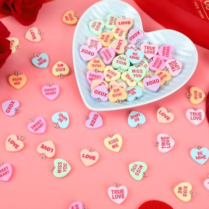 64 Pcs Valentine's Day Resin Charms, Conversation Heart Pendant | Valentines Candy Heart Charm, DIY Crafts, Bracelet Necklace Earrings Jewelry Making, Party Favors Gifts - style: Valentine Style