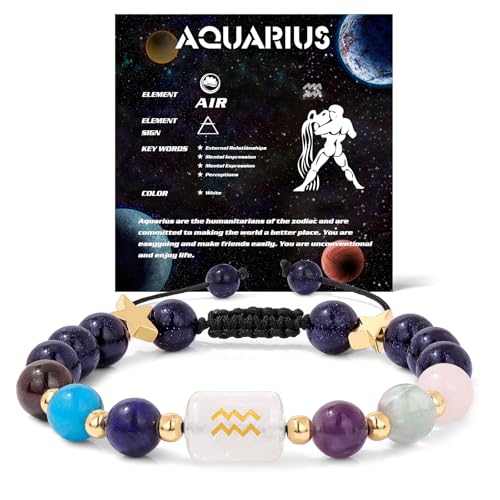 Zodiac Bracelets for Women 12 Constellations Healing Crystal Stone Beads Bracelet Birthday Zodiac Gifts Horoscope Spiritual Bracelet - color: Aquarius-2