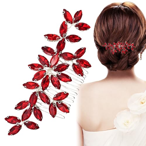 Red Wedding Crystal Hair Comb Elegant Bridal Wedding Hair Piece Teardrop Crystal Rhinestone Hair Accessories for Women Prom Party Photography - color: Red