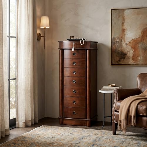 Hives and Honey Noelle Standing Jewelry Armoire, Locking Organizer with Mirror, 7 Drawers, Side Doors, Necklace Hooks, Ring Rolls, Jewelry Box for Earrings, Bracelets, and More - color: Walnut