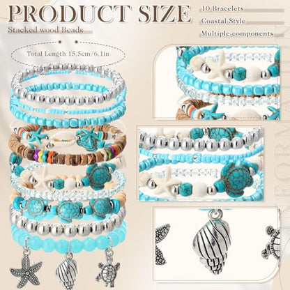 Nosiny 10 Pcs Sea Turtle Bracelet for Women Bahamas Souvenirs Beach Bead Ankle Bracelet Include Starfish Shell Waterproof Handmade Boho Summer Coastal Ocean Jewelry Adjustable Beachy Accessory Gift
