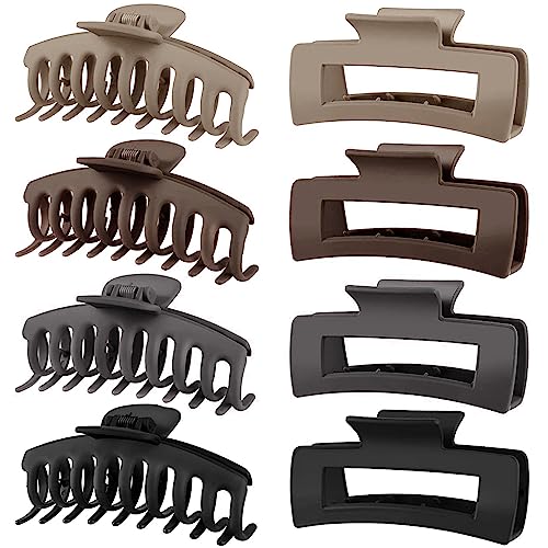 TOCESS Large Claw Clips for Thick Hair: 8 Pack Matte Neutral Hair Clips | 4.3 Inch Big Hair Clips for Curly, Fine, Thin Hair Strong Hold & Non Slip 4 Square + 4 Rounded Jumbo Jaw Clips for Women