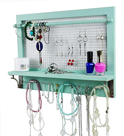 Jewelry Organizer, Wall Mount Jewelry Holder Rack with Hooks Shelf and Removable Rod Hanging Display Earrings Necklaces Bracelets Rings Storage Accessories Wood in Shabby Chic Turquoise - color: Shabby Chic Turquoise