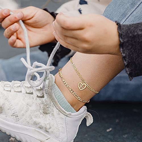 Initial Ankle Bracelets for Women 2pcs 18K Gold Plated Handmade Layered Letter Heart Figaro Chain Flat Mariner Anklets for Women Cute Summer Beach Foot Jewelry - style: Gold-S