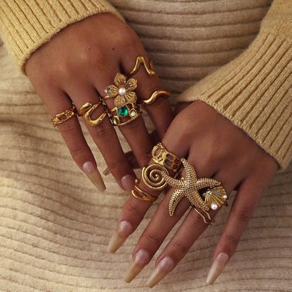 Chunky Gold Rings for Women Non Tarnish, Baroque Pearl Flower Tiger's Eye Stone Rings Adjustable Stacking Statement Rings Set Fashion Jewelry Gifts - style: Starfish/Flower/Shell