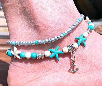 Softones Blue Starfish Turtle Anklet Multilayer Charm Beads Sea Handmade Boho Anklet Foot Jewelry for Women - style: O:Boat Anchor