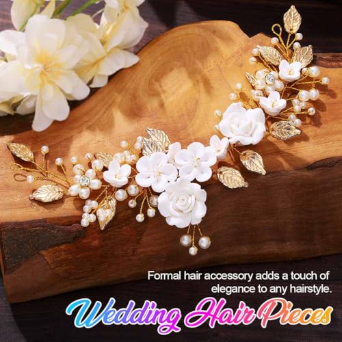 Flower Bride Wedding Hair Vine Pearl Bridal Hair Piece Leaf Hair Accessories Rhinestone Headband for Women (Gold) - color: Gold