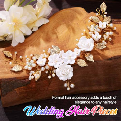 Flower Bride Wedding Hair Vine Pearl Bridal Hair Piece Leaf Hair Accessories Rhinestone Headband for Women (Gold) - color: Gold