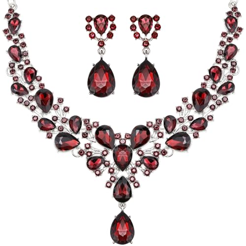 Hicarer Bridal Teardrop Cluster Crystal Jewelry Set for Women Necklace Earrings Wedding - color: Wine Red