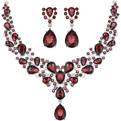 Hicarer Bridal Teardrop Cluster Crystal Jewelry Set for Women Necklace Earrings Wedding - color: Wine Red