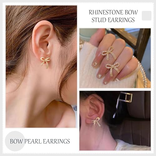 Pearl Bow Earrings for Women Coquette Aesthetic Jewelry Rhinestone Bow Earrings for Bridesmaids Wedding Party Accessories Bridal Costume Accents Bowknot Themed Gifts - color: Q1: Gold Rhinestone Bow Stud