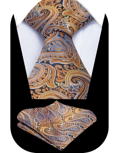 Alizeal Mens Gradient Paisley Necktie and Pocket Square Set | Elegant Design Perfect for Weddings Banquets Business Formal Events - color: 143-yellow Orange+blue