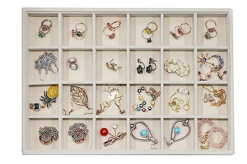 Stratalife 24 Grid Velvet Jewelry Organizer Tray, 13.8" x 9.4" x 1.2" | Stackable Drawer Earring Organizer with Adjustable Dividers, Jewelry Display Tray for Necklace Earring Ring Bracelet, Beige - color: Beige, size: 24
