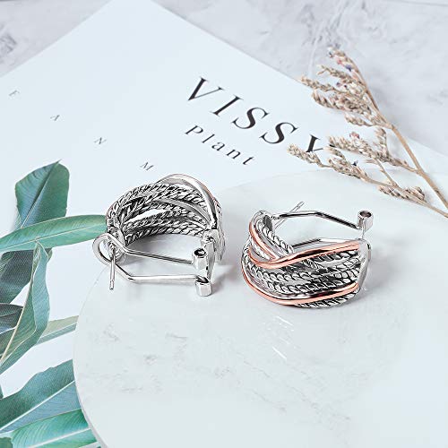 Mytys Two Tone Huggie Hoop Earrings Cross Over Design Twisted Rope Silver Gold Statement Wide Band Clip On Hoops for Women Fashion Jewelry Gift - color: Rose Gold & Silver