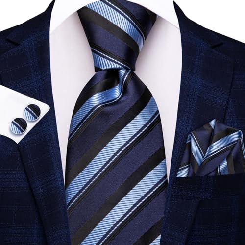 Hi-Tie Men 63inches Tie Set Extra Long Necktie Paisley Tie Pocket Suqare Cufflinks Big and Tall Men Tie - color: Black Blue