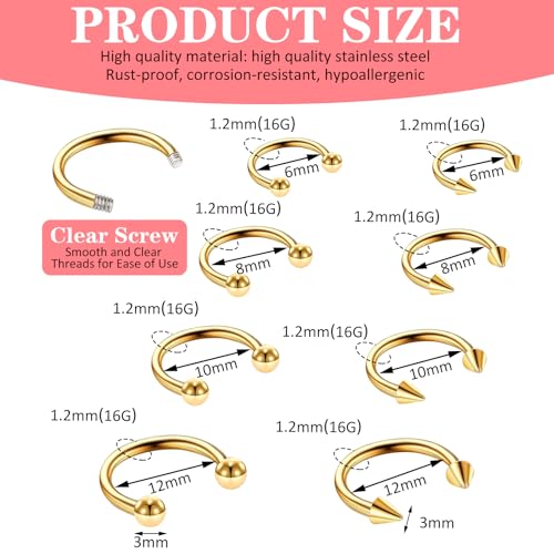 Telooco 8 Pcs 16G Septum Rings Surgical Steel Horseshoe Nose Ring Hoop Eyebrow Lip Navel Piercing Ring Earrings Septum Piercing Jewelry for Women Men 6/8/10/12mm (Black) - color: Gold