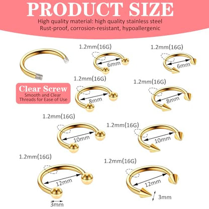 Telooco 8 Pcs 16G Septum Rings Surgical Steel Horseshoe Nose Ring Hoop Eyebrow Lip Navel Piercing Ring Earrings Septum Piercing Jewelry for Women Men 6/8/10/12mm (Black) - color: Gold