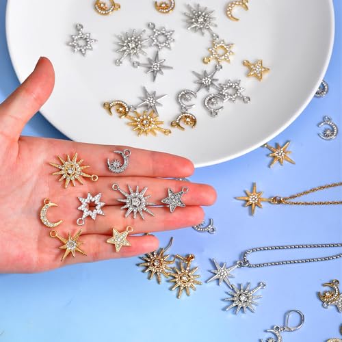 stino Jewelry Celestial Charms Set, Moon Star Sun Pendants | 48/56 Pcs, Silver & Gold Plated, DIY Jewelry Making Accessories - style: Rhinestone