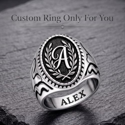 Dacc & Aya Custom Engraved Vintage Signet Ring 925 Sterling Silver Black Oxidized Personalized Statement Jewelry for Men - style: F-Letter