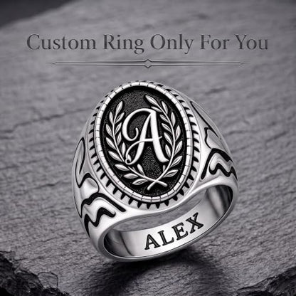 Dacc & Aya Custom Engraved Vintage Signet Ring 925 Sterling Silver Black Oxidized Personalized Statement Jewelry for Men - style: F-Letter