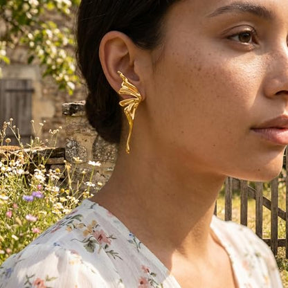 Chunky Gold Plated Flower Statement Drop Earrings for Women | Hypoallergenic 18K Gold Plated Textured Petal Wing, Large Statement Dangle Earrings for Wedding Party - color: Golden Butterfly-2