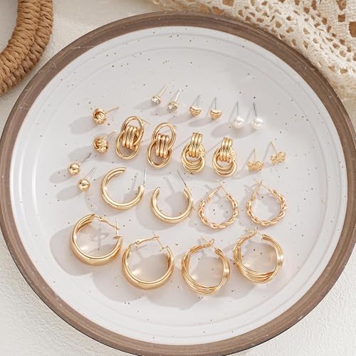 12 Pairs Chunky Gold Hoop Earrings for Women Trendy, Gold Plated Lightweight Hypoallergenic Stack, Thick Open Twisted Huggie Hoops Earring Set - color: 12 Pairs Gold CZ Dainty
