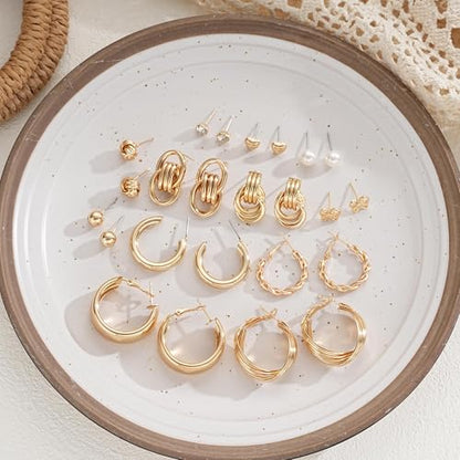 12 Pairs Chunky Gold Hoop Earrings for Women Trendy, Gold Plated Lightweight Hypoallergenic Stack, Thick Open Twisted Huggie Hoops Earring Set - color: 12 Pairs Gold CZ Dainty