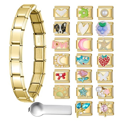Stainless Steel Italian Charm Bracelet, 18 Link Starter Bracelet 9mm Charms | Italian Charm Bracelet with 9Pcs/20Pcs Charms and Opening Tools, Classic 9mm Modular Charm, Personalized Jewelry Gift - color: E-Gold